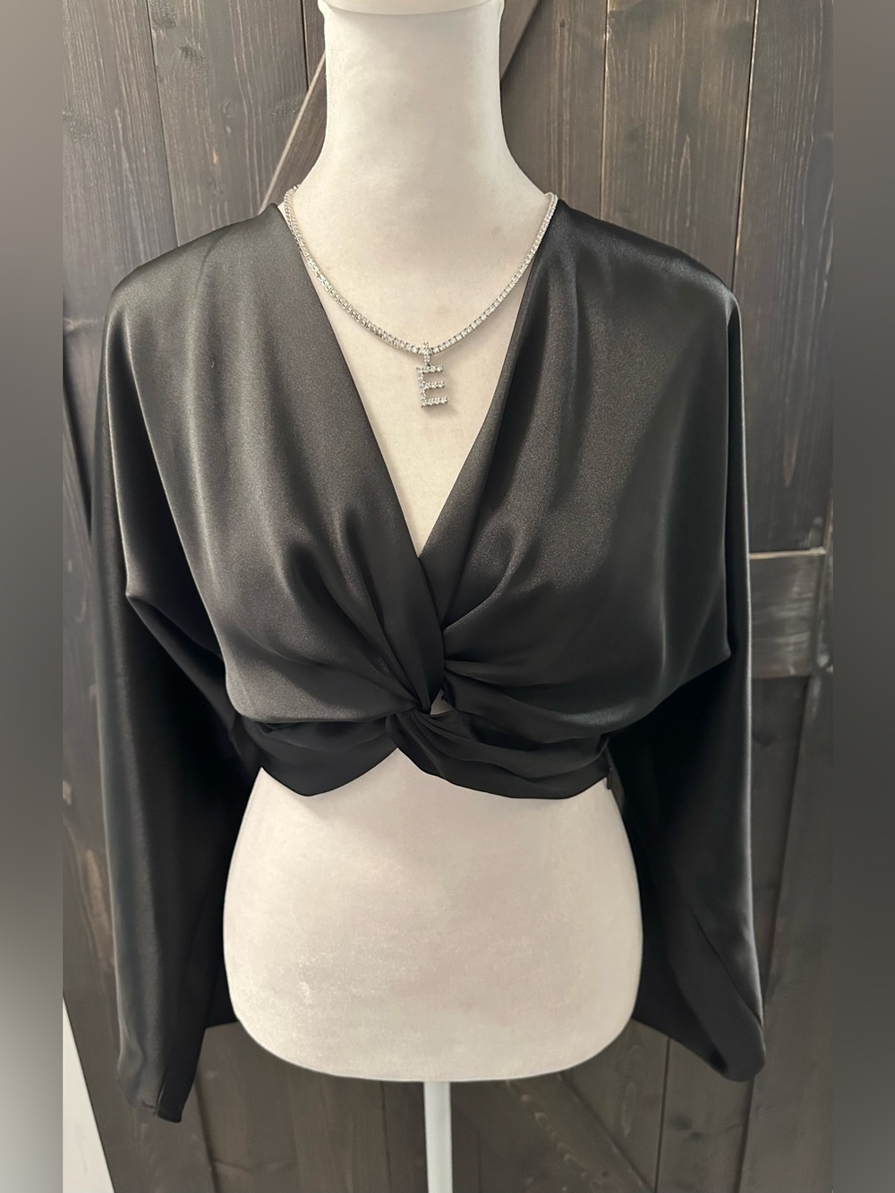 Zara Black Satin Twist-Knotted Front Long Sleeve Crop Top - Size S